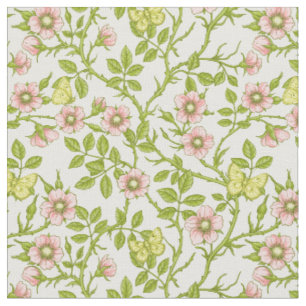 Tissu Roses sauvages et papillons /rose/vert pâle/jaune