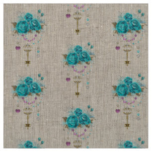 Tissu Roses turquoise avec touches