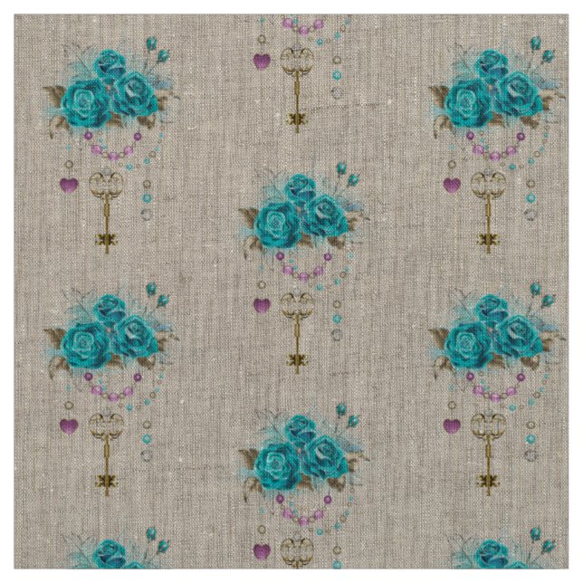 Tissu Roses turquoise avec touches (Échantillon)