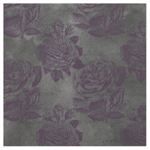 Tissu Roses violets et écriture sur le gris