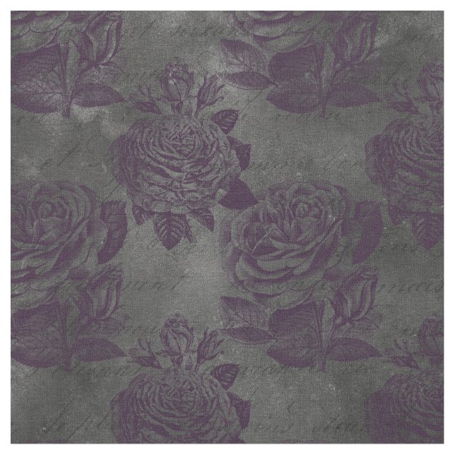 Tissu Roses violets et écriture sur le gris (Fermer)