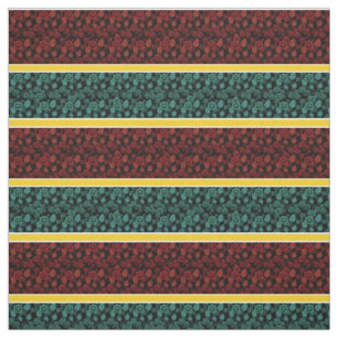 Tissu Rouge/aqua floral-or/blanc rayé - noir