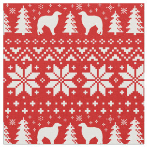 Tissu Rouge de motif de Noël de silhouettes de barzoï