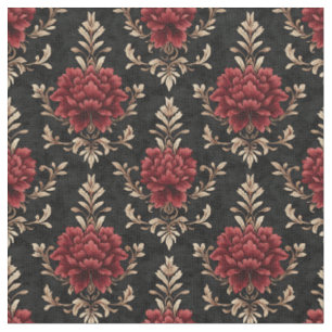 Tissu Rouge et ivoire Fleur Damas sur Noir