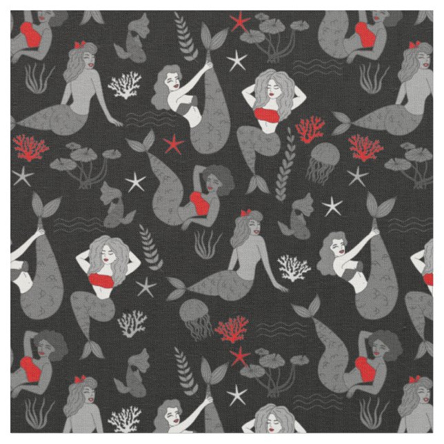 Tissu rouge noir sirènes impression motif (Fermer)