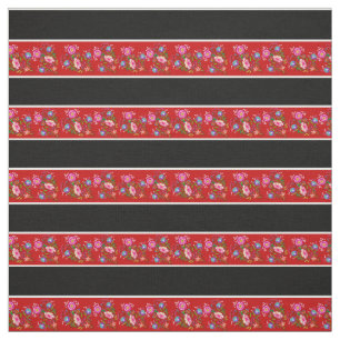 Tissu Rouge/noir vif, bande blanche épingle, folk floral