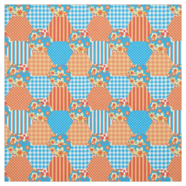 Tissu Rouge Orange Jaune Bleu Motif Faux Patchwork (Échantillon)