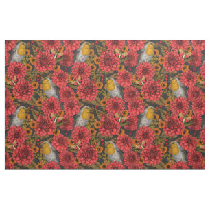 Tissu Rouges-gorges dans le jardin d'automne, dahlias ro