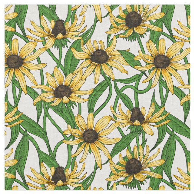 Tissu Rudbekia jaune sur blanc (Fermer)