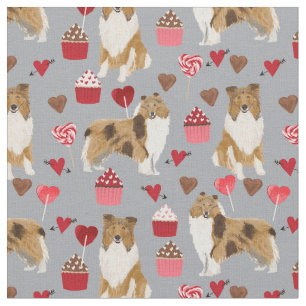 Tissu rugueux collie chien cupcakes et coeurs gris