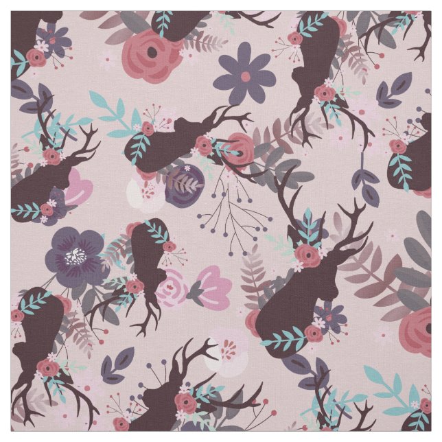 Tissu Rustic Deer Head Mauve Rose Floral Motif tendance (Échantillon)