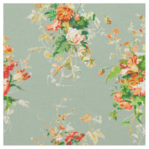 Tissu Rustique Floral Vintage Botaniques Orange Sage Gre