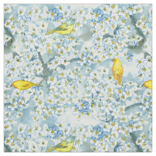 Tissu Saffron Finch Paruline Oiseaux Fruits florissants 
