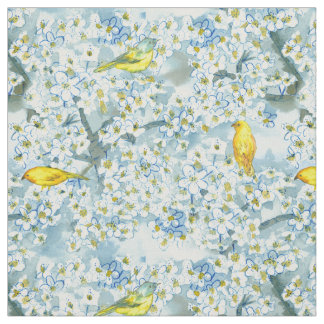 Tissu Saffron Finch Paruline Oiseaux Fruits florissants 