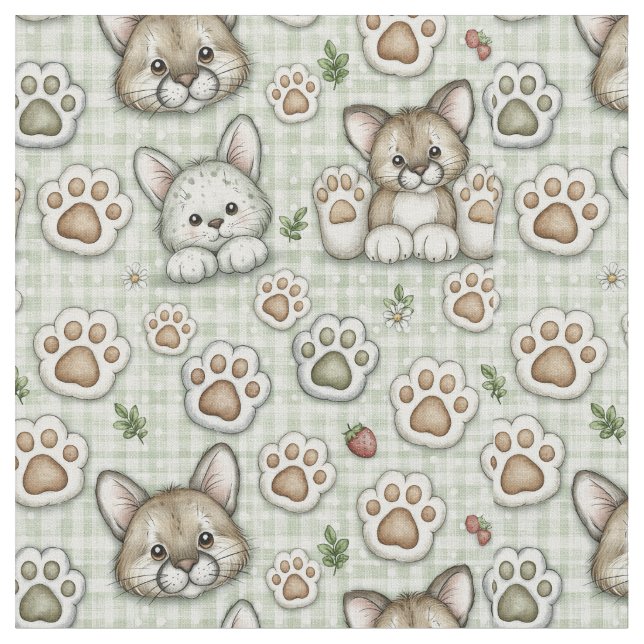 Tissu Sage Vert Beige Gingham Mignon Empreinte de Patte  (Fermer)