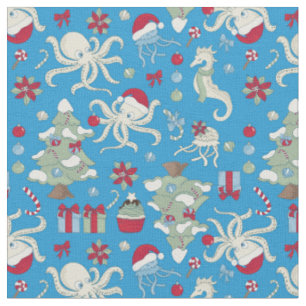 Tissu sapin de noël hippocampe père noël pieuvre océan