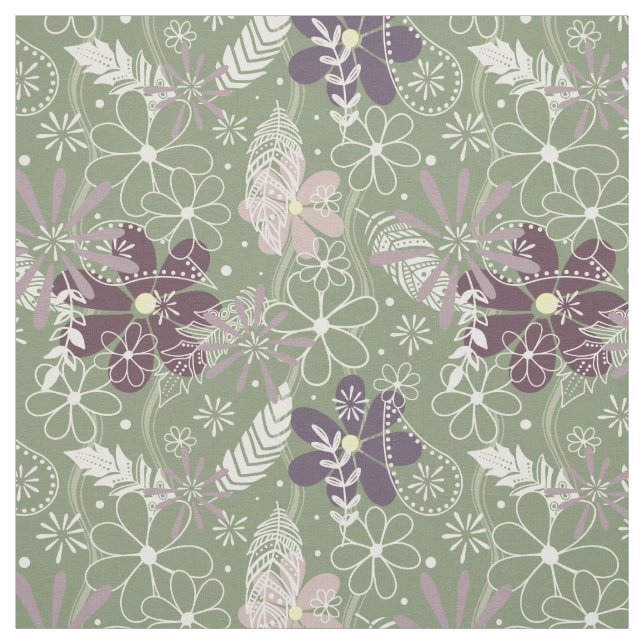 Tissu sauge prune violet plumes lilas fleurs motif (Échantillon)
