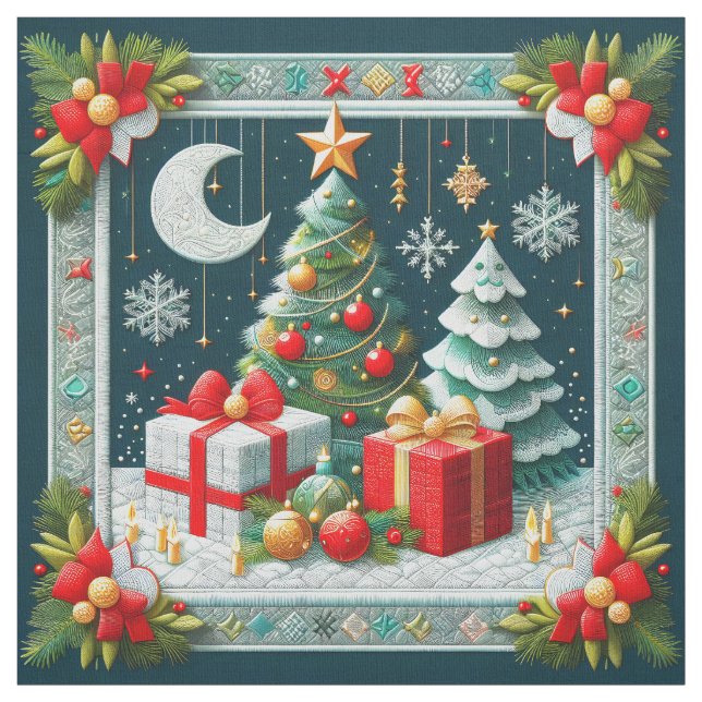 Tissu Scène de Noël Couverture Lune et Arbres (Échantillon)