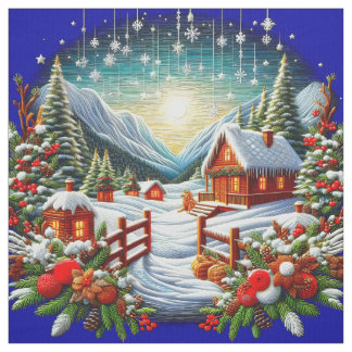 Tissu Scène de Noël hivernale extérieure à broderie