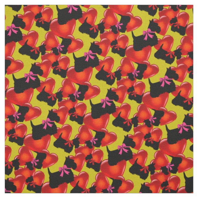 Tissu Scottish Terrier noir, coeurs, arc rouge/rose (Échantillon)
