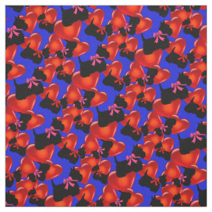Tissu Scottish Terrier noir, coeurs, arc rouge/rose