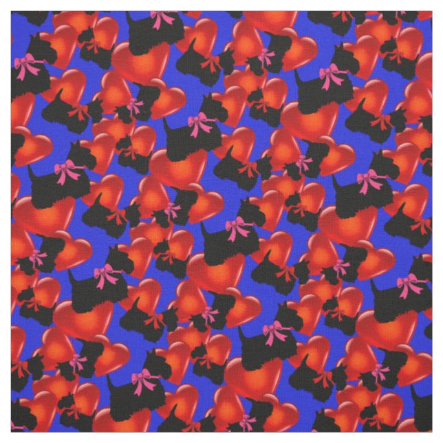 Tissu Scottish Terrier noir, coeurs, arc rouge/rose (Échantillon)