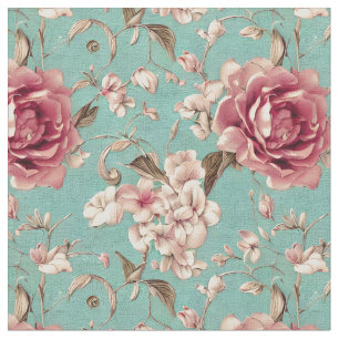 Tissu Shabby Chic rose et blanc florale sur turquoise