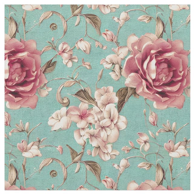 Tissu Shabby Chic rose et blanc florale sur turquoise (Fermer)
