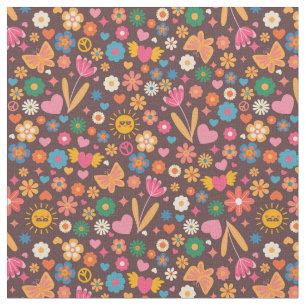 Tissu Signe de paix groovy soleil vintage hippie marron