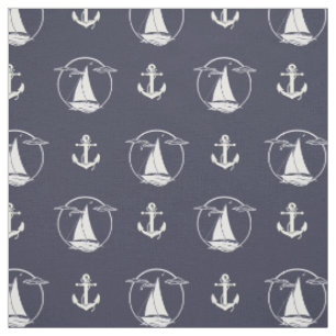Tissu Silhouette d'ancre blanche marine/voilier blanc
