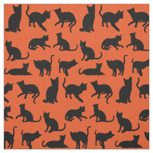 Tissu Silhouette de chat noir sur orange