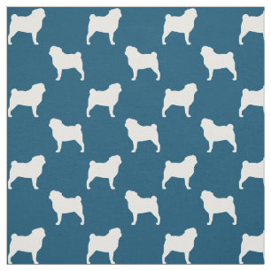 Tissu Silhouettes de race de chien Pug motif bleu et bla