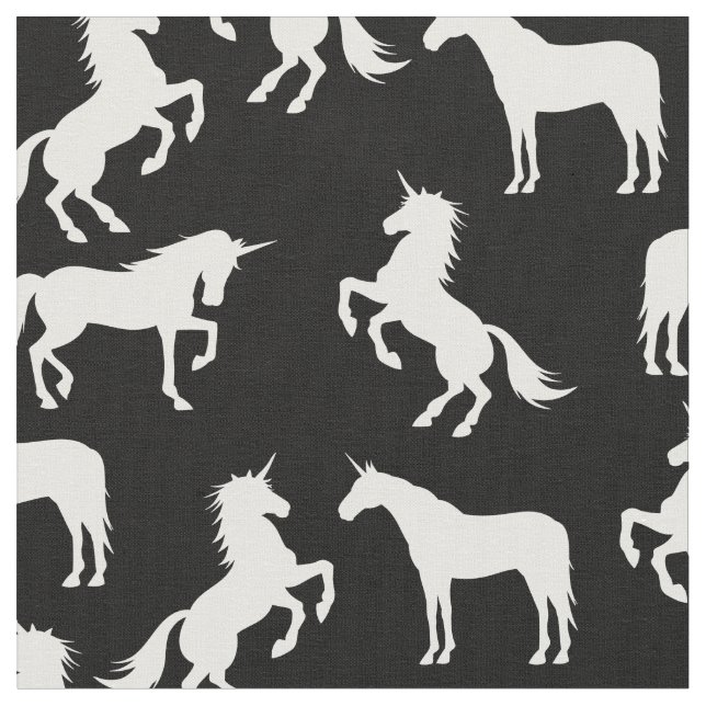 Tissu Silhouettes Unicorne noir et blanc (Fermer)