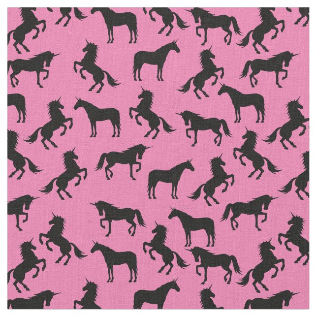 Tissu Silhouettes Unicorne rose et noir (Fermer)