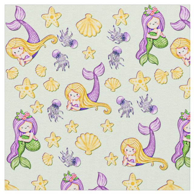 Tissu Sirènes et coquilles violet vert jaune (Fermer)