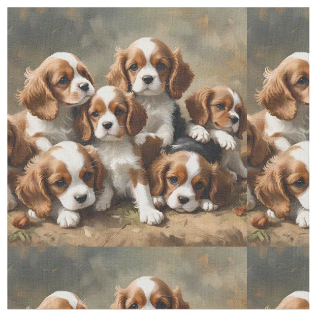 Tissu Six Chiots Espagnols Cavalier, (Fermer)