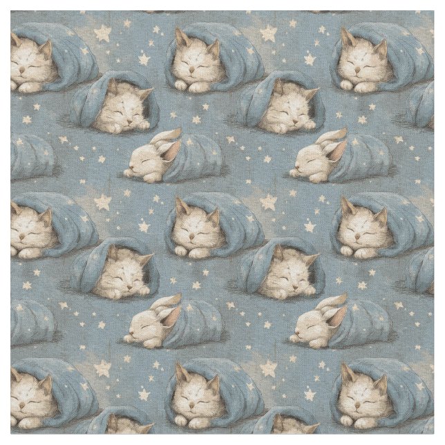 Tissu Sleepy Cats Under Starry Sky Cozy Blue Pattern (Fermer)