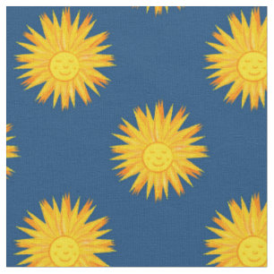 Tissu Soleil souriant sur fond bleu moderne à motifs cél