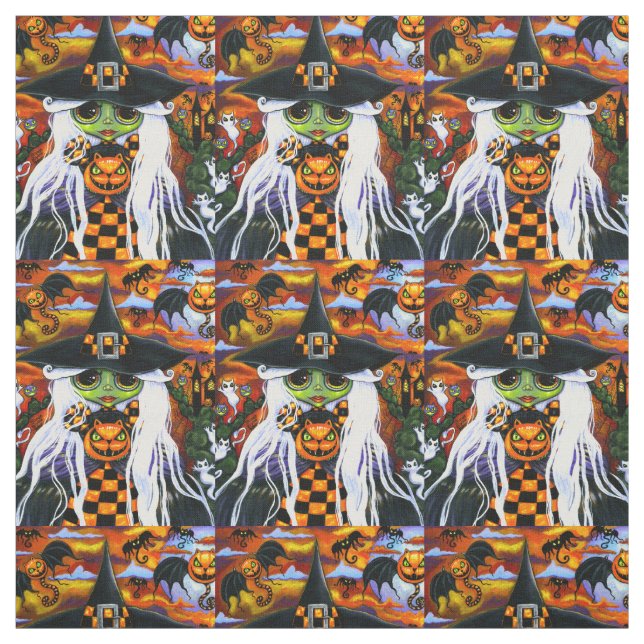 Tissu Sorcière blanche Kitty Ghosts Citrouille Halloween (Échantillon)