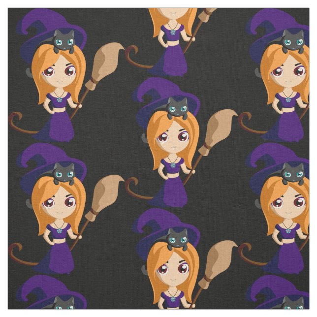 Tissu Sorcière mignonne en Casquette violet Halloween (Échantillon)