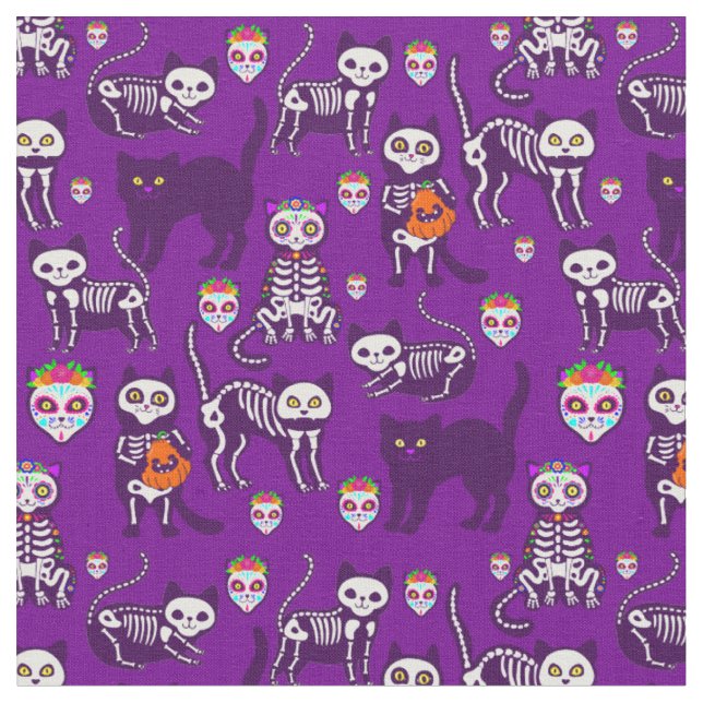 Tissu squelette de chats d'halloween violet (Fermer)