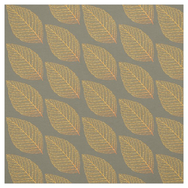 Tissu Squelette jaune doré Motif de la feuille sur vert (Échantillon)