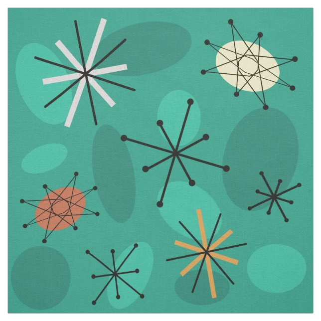 Tissu Starbursts Spoutnik du milieu du siècle Turquoise (Échantillon)