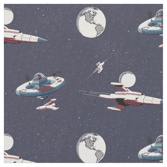 Tissu Stations spatiales vintages, Roquettes, Planètes & (Fermer)