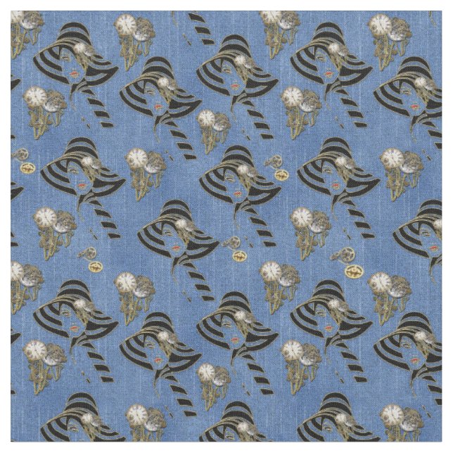 Tissu Steampunk avec Dames Casquettes sur Blue Denim (Fermer)