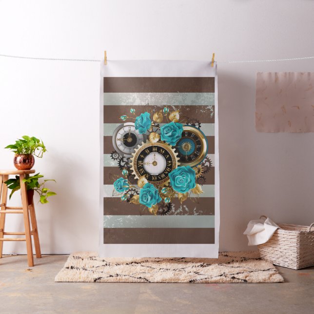Tissu Steampunk Clock and Turquoise Roses on Striped (In Situ)