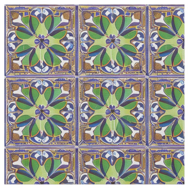 Tissu Style marocain Bleu & Carrelage Vert Motif Easy Cu (Fermer)