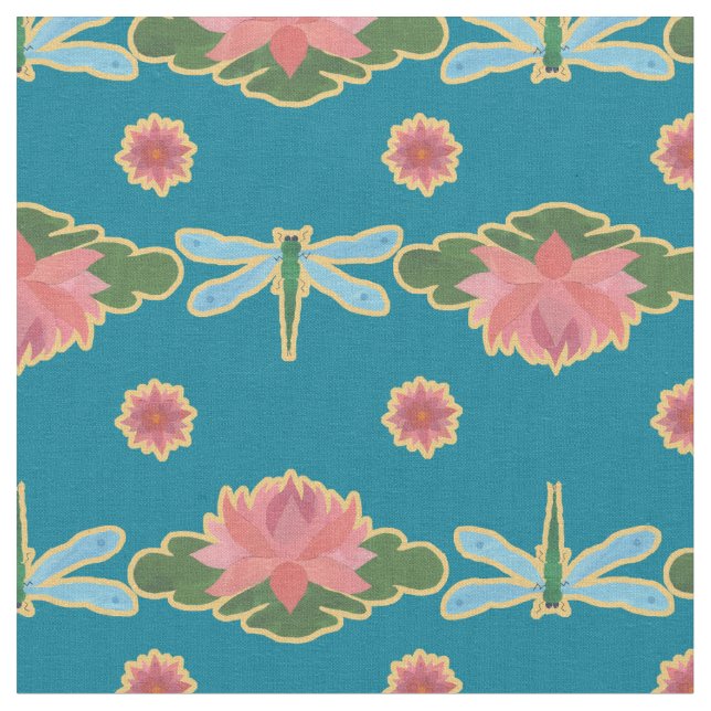 Tissu Stylish Water Lilies and Dragonfly on Blue Fabric (Fermer)