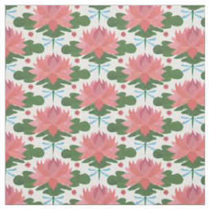 Tissu Stylish Water Lilies and Dragonfly on White Fabric