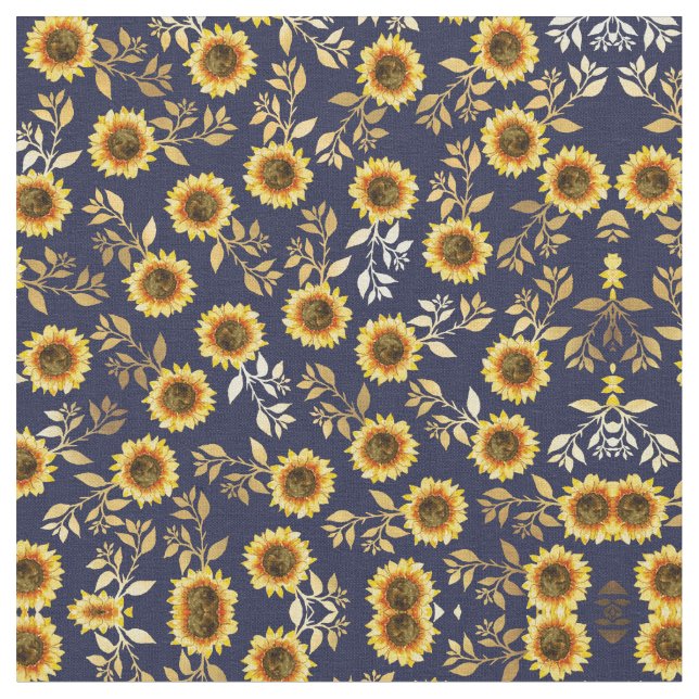Tissu Sunny Yellow Gold Navy Feuille Motif (Fermer)